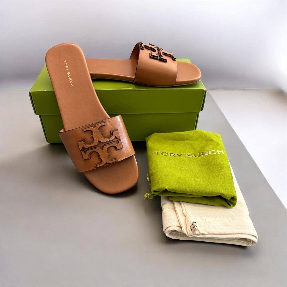 Tory Burch Ines Flat Slides Goat Leather Women’s Size 6 M Tan Luxury Designer